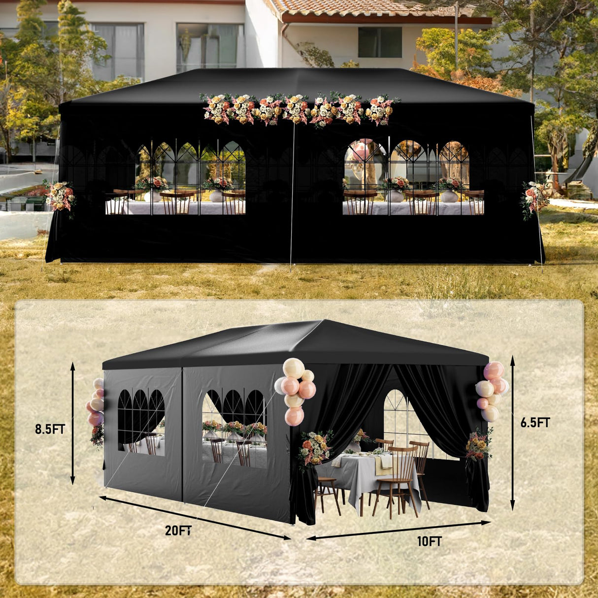 susici 10x20 Black Outdoor Party Tent with 6 Removable Sidewalls Outdoor Tents for Parties Gazebo Canopy Tent Event Tent for Wedding, Birthday, Garden Parties and Backyard Patio BBQ Camping susici