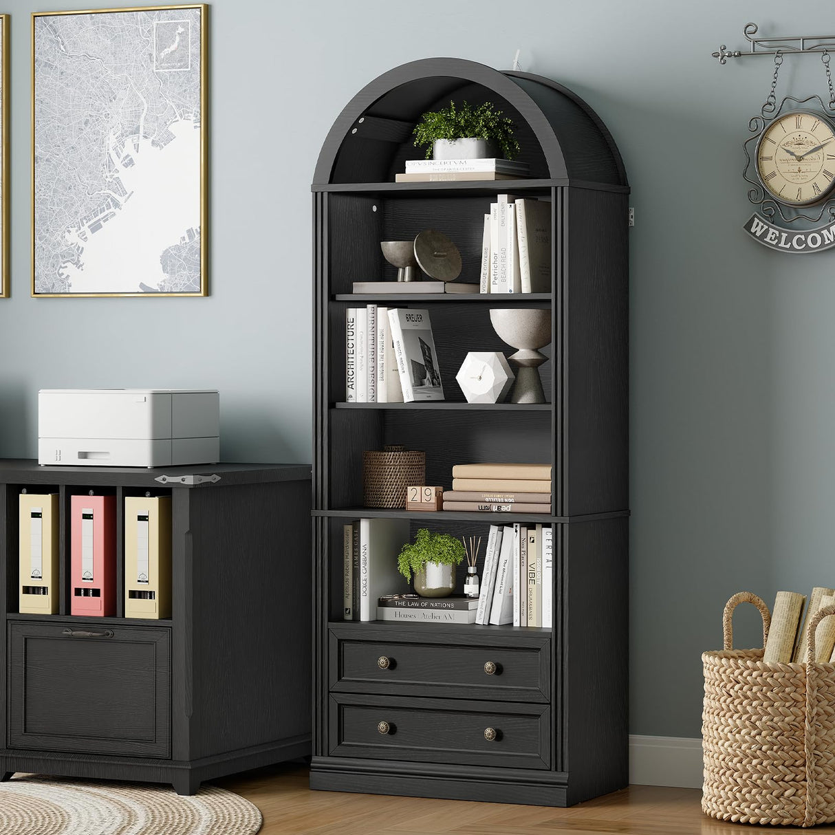 RALGEND Farmhouse Arched Bookshelf, 7 Tiers Arch Bookcase with 2 Spacious Drawers, Modern Book Shelf with Open Display Shelves and Storage Cabinet, for Office, Living Room, Kitchen, Black RALGEND