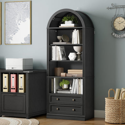 RALGEND Farmhouse Arched Bookshelf, 7 Tiers Arch Bookcase with 2 Spacious Drawers, Modern Book Shelf with Open Display Shelves and Storage Cabinet, for Office, Living Room, Kitchen, Black