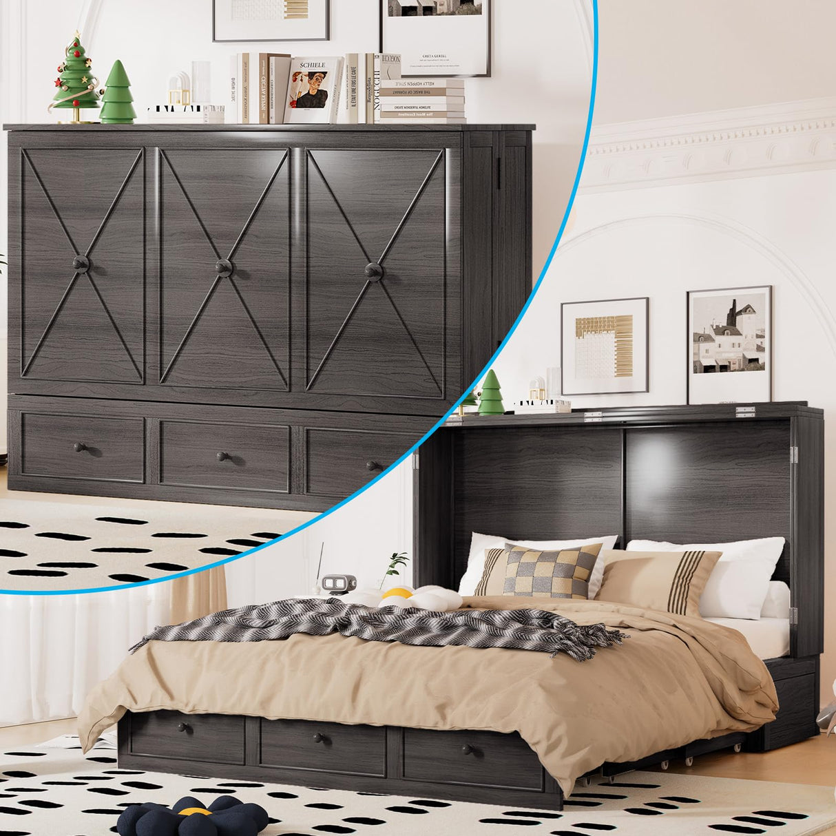 Mjkone Murphy Bed Queen, Cabinet Beds with Mattress and Built-in Charging Station, Wood Murphy Hidden Adult Guest Bed with 2 Storage Drawers, Cabinet Chest Beds for Guest Room Bedroom Home - Grey Mjkone