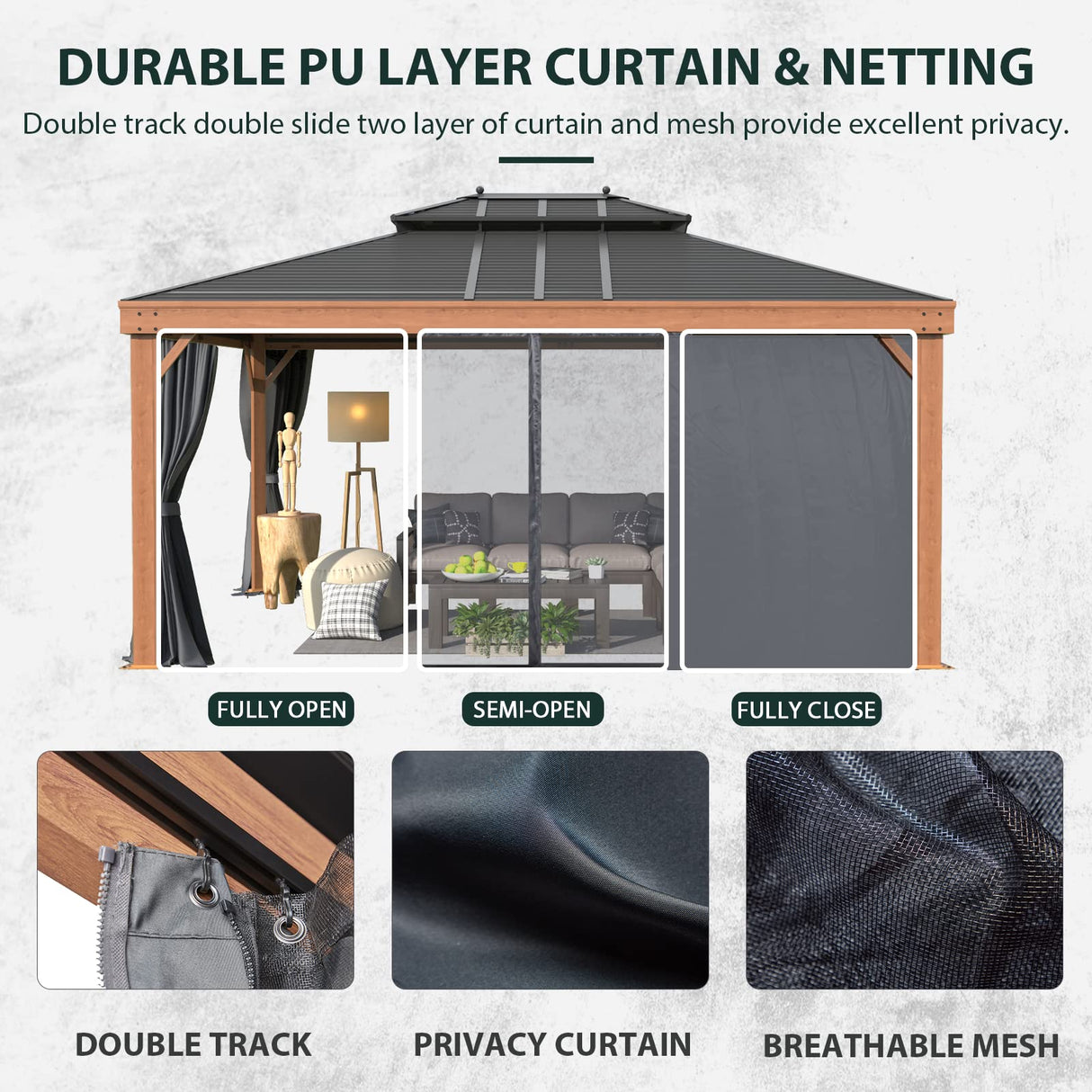 YOLENY 12' x 16' Hardtop Gazebo Metal Gazebo with Wood Grain Aluminum Frame, Galvanized Steel Double Roof, Outdoor Patio Gazebo Pergolas with Netting and Curtains for Backyard, Patio, Lawns YOLENY