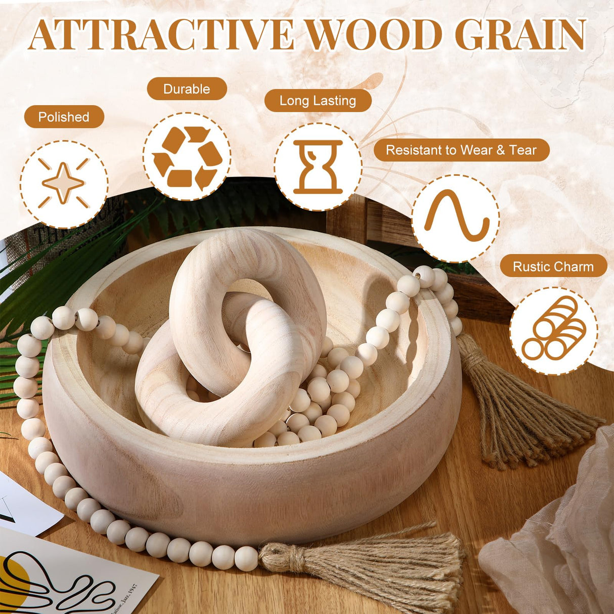 Hushee 3 Pcs Wood Decor Set Include Wood Fruit Bowl Wooden Beads Garland with Tassels Wood Knot Decor Wood Chain Link Decor Wood Serving Bowl Farmhouse Beads for Home Room Table Rustic Decorations Hushee