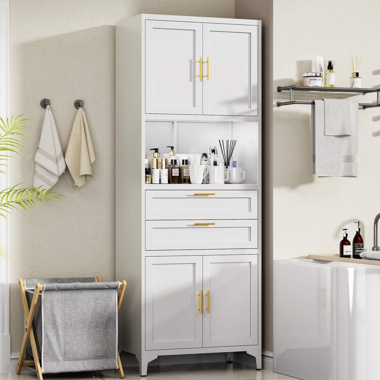 ZLBRDS 75” Tall Kitchen Pantry Storage Cabinet, Metal Storage Cabinet with 2 Drawers and Adjustable Shelves, Bathroom Storage Cabinet with Open Compartments, Freestanding Cupboard for Kitchen (White) ZLBRDS