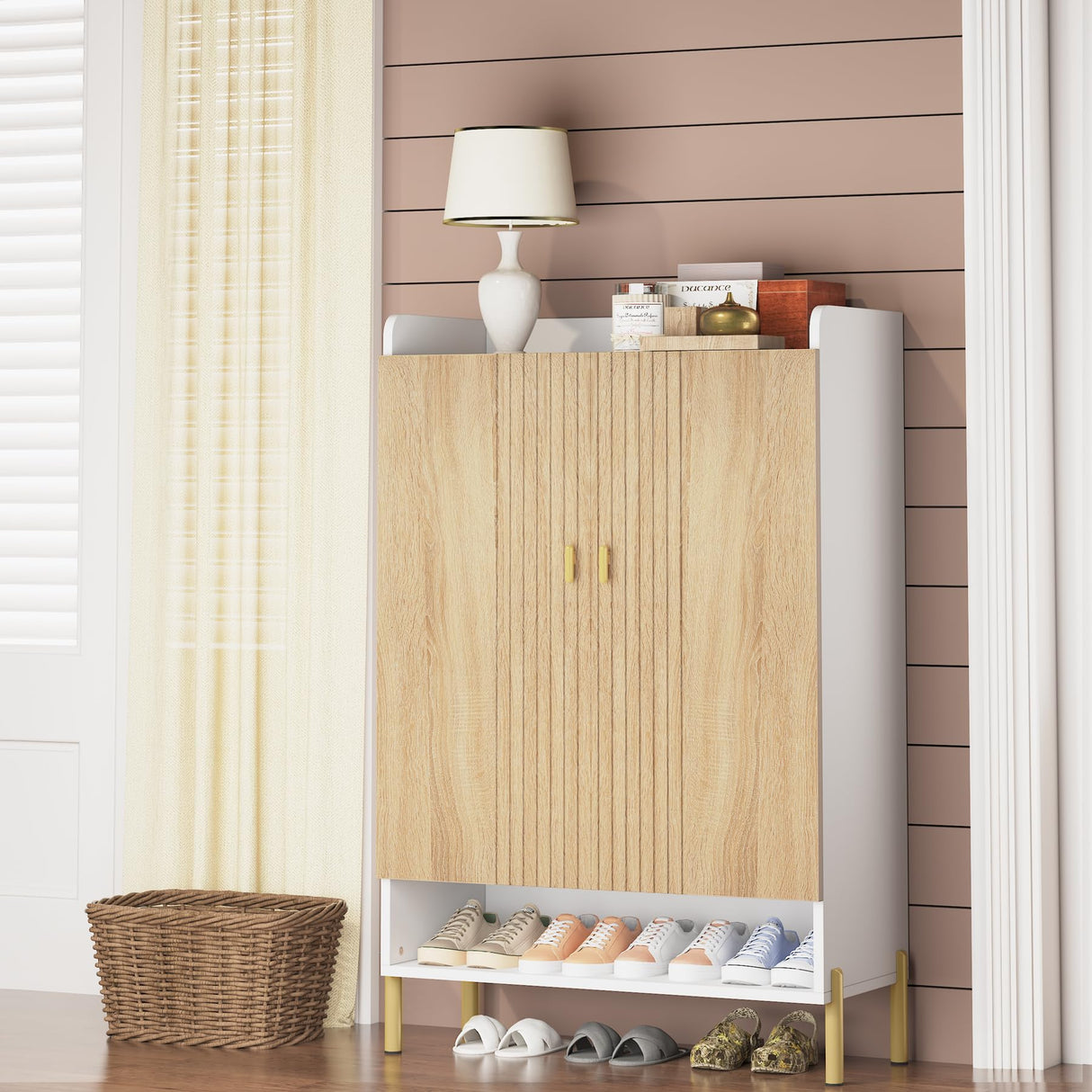 Tribesigns Shoe Cabinet Storage Entryway: 6-Tier Shoe Organizer Cabinet with Adjustable Shelves, Freestanding Wood Shoe Rack with Doors for Entryway, Hallway, Living Room, White & Wood Tribesigns