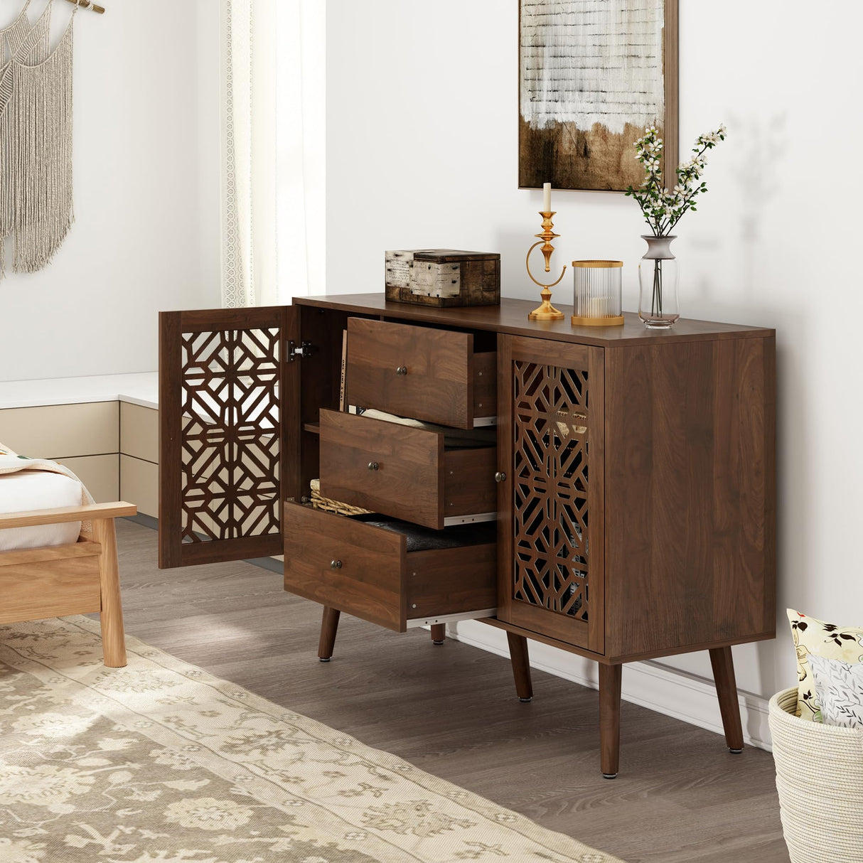 ARTPOWER 48" Hollow-Carved Accent Cabinet with Drawers, Retro Sideboard Buffet Cabinet with 3 Drawers and Storage Doors, Sideboard Credenzas for Living Room, Dining Room, Hallway ARTPOWER