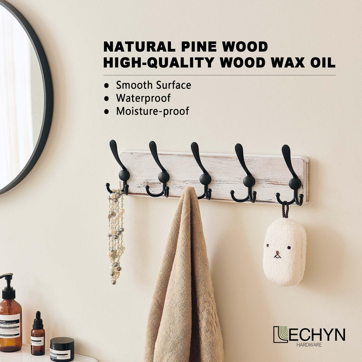 LECHYN Rustic Wooden Coat Rack Wall Mount with 5 Hooks, Farmhouse Wood Coat Hanger Wall Mount Heavy Duty for Hanging Jacket Coat (White) LECHYN