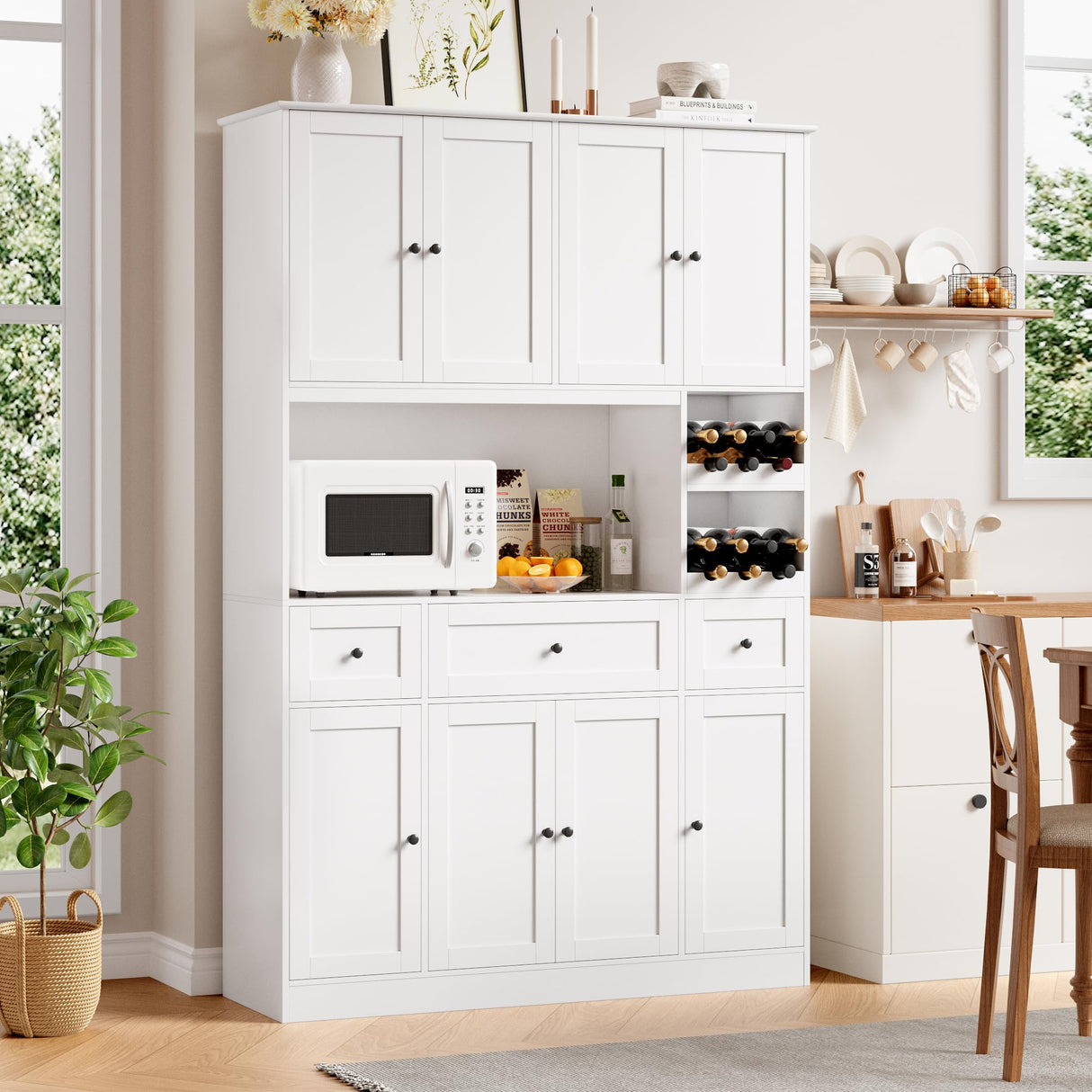 BOTLOG 72" Tall Kitchen Pantry Storage Cabinet with Wine Rack, Large Pantry Cabinet with Microwave Stand, Modern Kitchen Hutch Food Pantry Cabinet for Kitchen, Dining Room, White BOTLOG