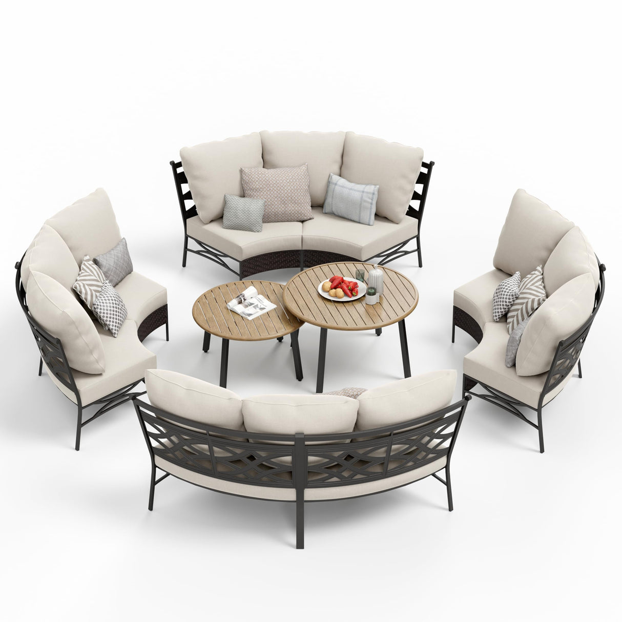 PHI VILLA Outdoor Patio Furniture Set 10 Piece, Round Sectional Curved Outdoor Sofa for 8 Persons with 2 Round Table for Garden, Poolside, Balcony, Backyard PHI VILLA