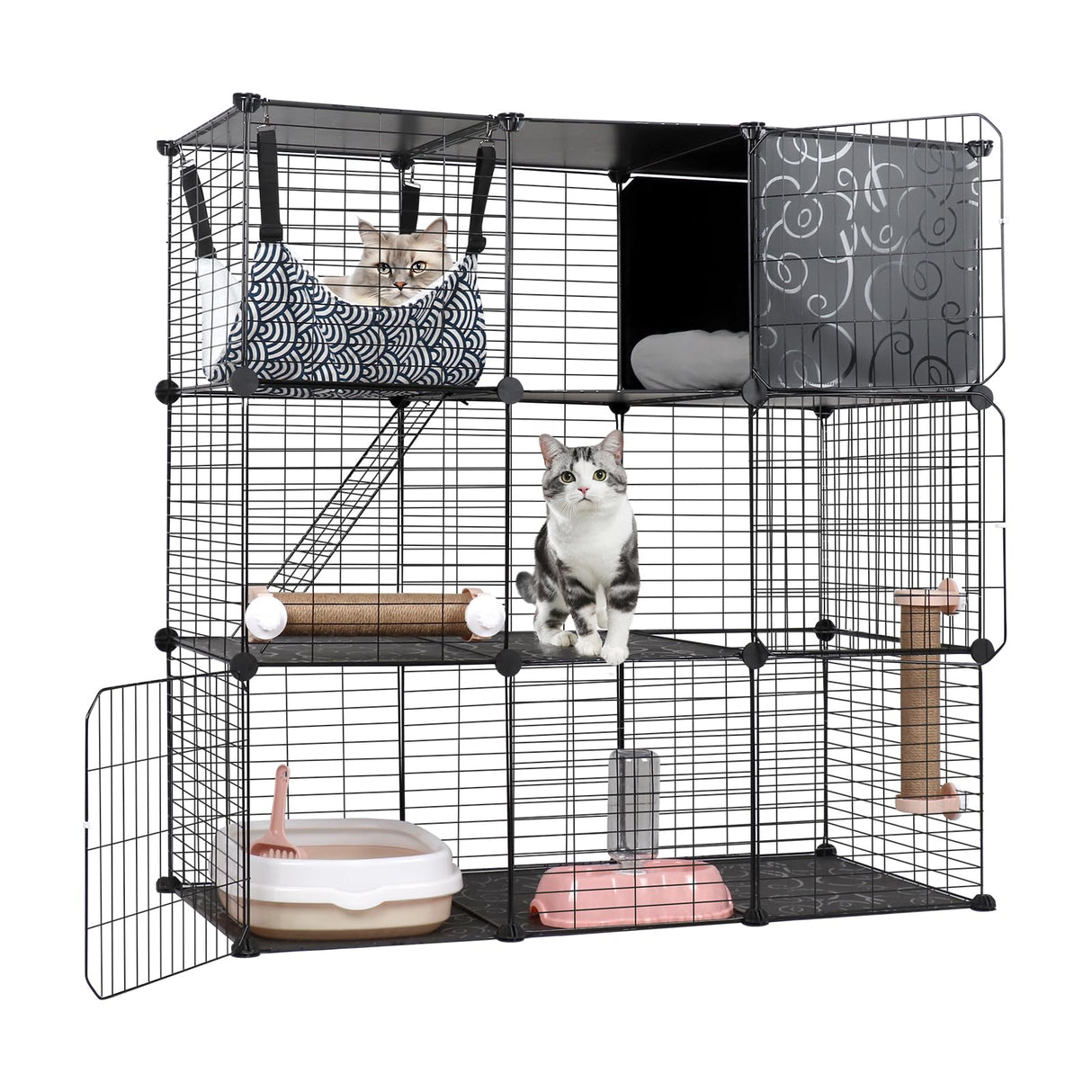 BriSunshine Cat Cages Indoor, 3 Tier DIY Cat Enclosure with Large Hammock, Metal Wire Pet House Kennels Crate Catio with Litter Box, Bed, Scratchers, Bowl, Stairs for 1-2 Cats BriSunshine