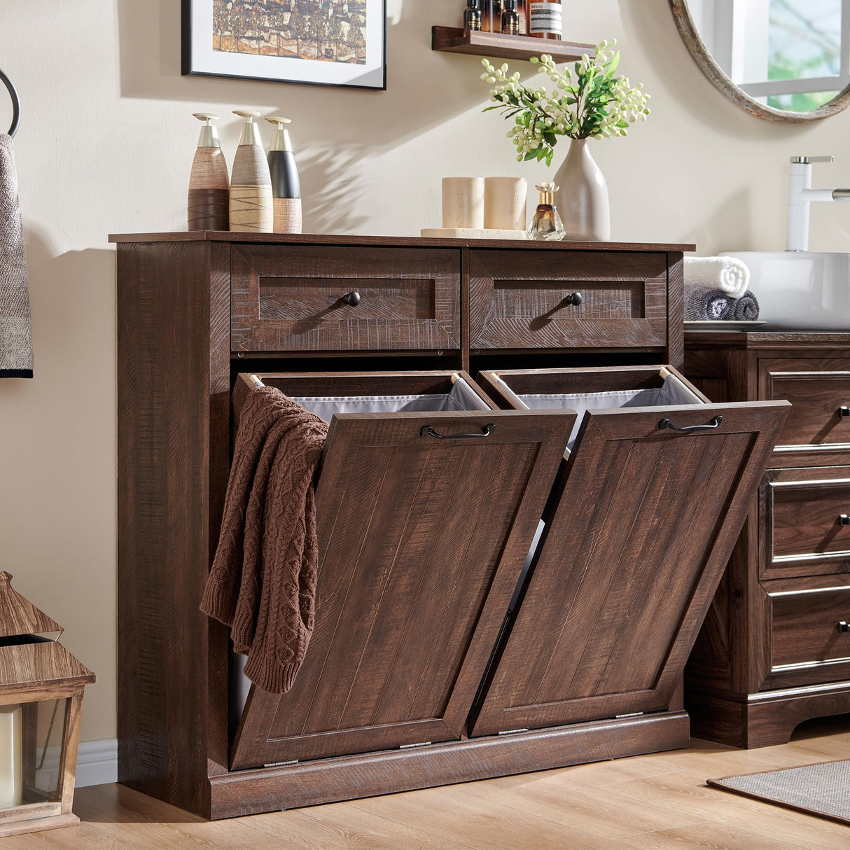 IFBUY Double Tilt Out Laundry Hamper Cabinet, 20 Gallon Farmhouse Trash Can Cabinet with Drawer, Hidden Wood Garbage Can Bin Cabinet with Laundry Storage Basket for Bathroom, Kitchen, Brown IFBUY