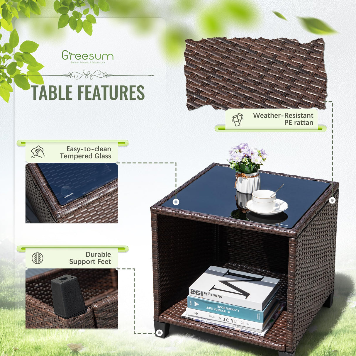 Greesum 3 Pieces Patio Furniture Sets Outdoor PE Rattan Wicker Chairs with Soft Cushion and Glass Coffee Table for Garden Backyard Porch Poolside, Beige Greesum