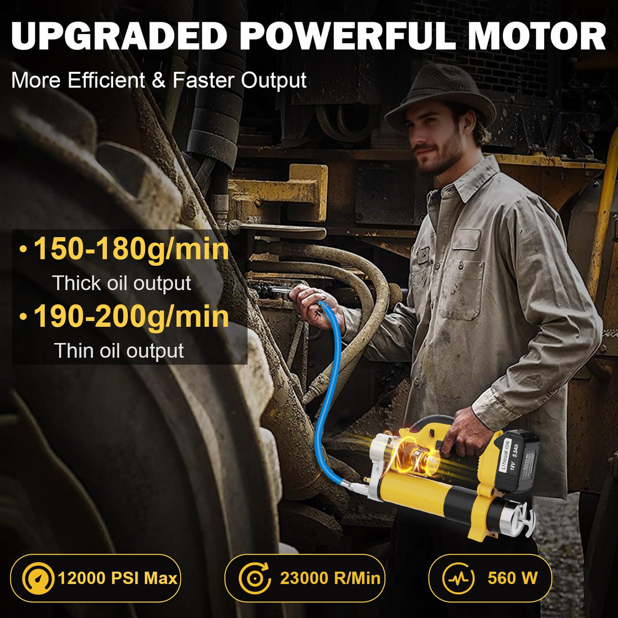 Electric Grease Gun Battery Powered, Automatic Cordless Grease Gun Kit with 2 Batteries & Charger, 5.5 Ah, LED Light, 12000PSI, 3-Speed Triggers, 19.7'' Flex Hose, for Automotive Marine Farm Equipment DEJUNPIOOL