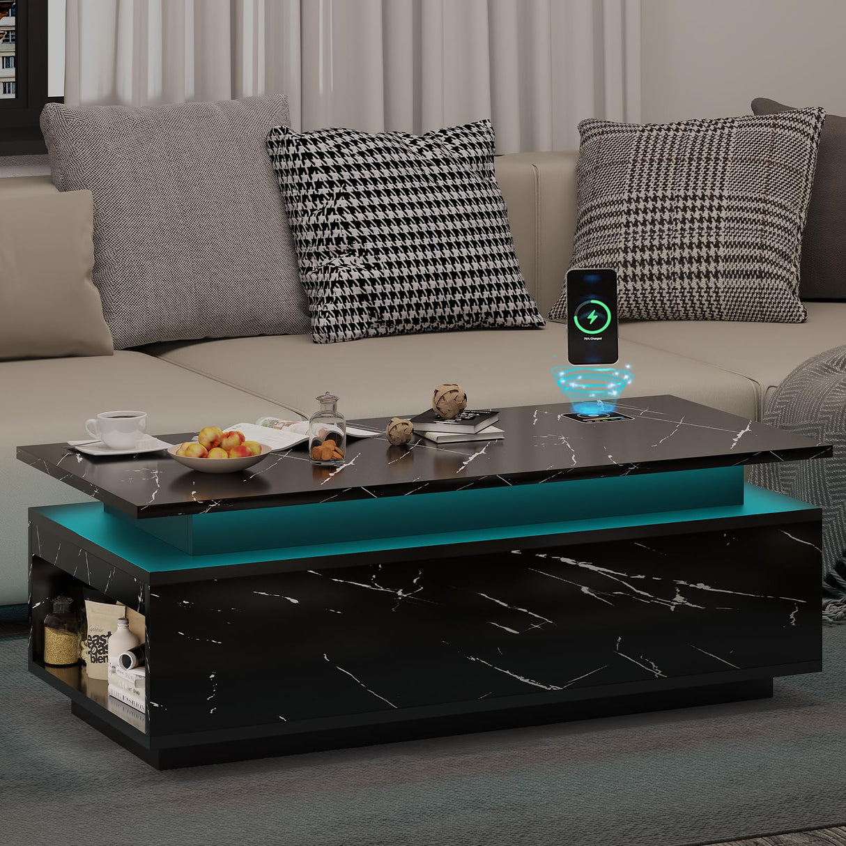 PPorfamilia LED Coffee Table with Storage, Black Coffee Table with Wireless Charging and Bluetooth Speaker, High Glossy Modern Center Table with 24-Color LED Lights for Living Room Bedroom PPorfamilia