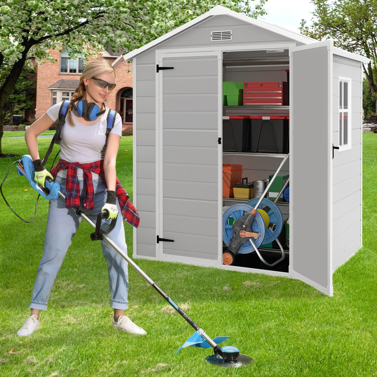 YOFE Resin Shed 6x4.4FT,Plastic Shed with Floor,Outdoor Storage Shed with Floor for Garden Tool,Waterproof Outdoor Resin Shed,Lockable Doors for Patio,Yard,Lawn (Gray) YOFE