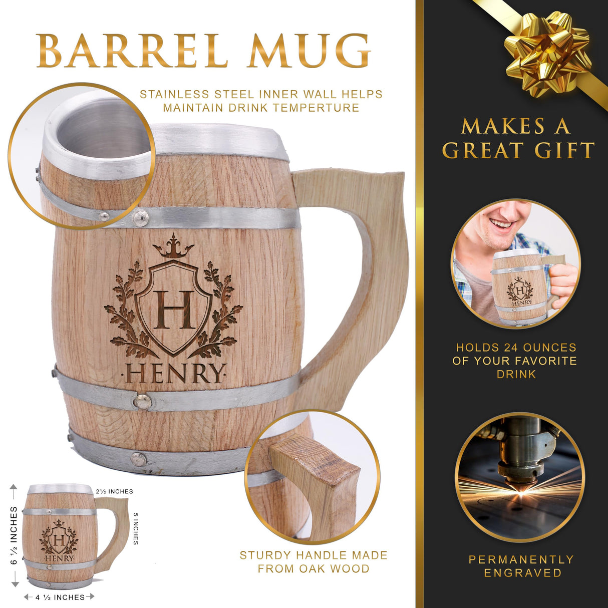 My Personal Memories Customized 24 oz Oak Wood Barrel Beer Mug Tankard with Handle and Stainless Steel Interior (Name Initial Styles) My Personal Memories