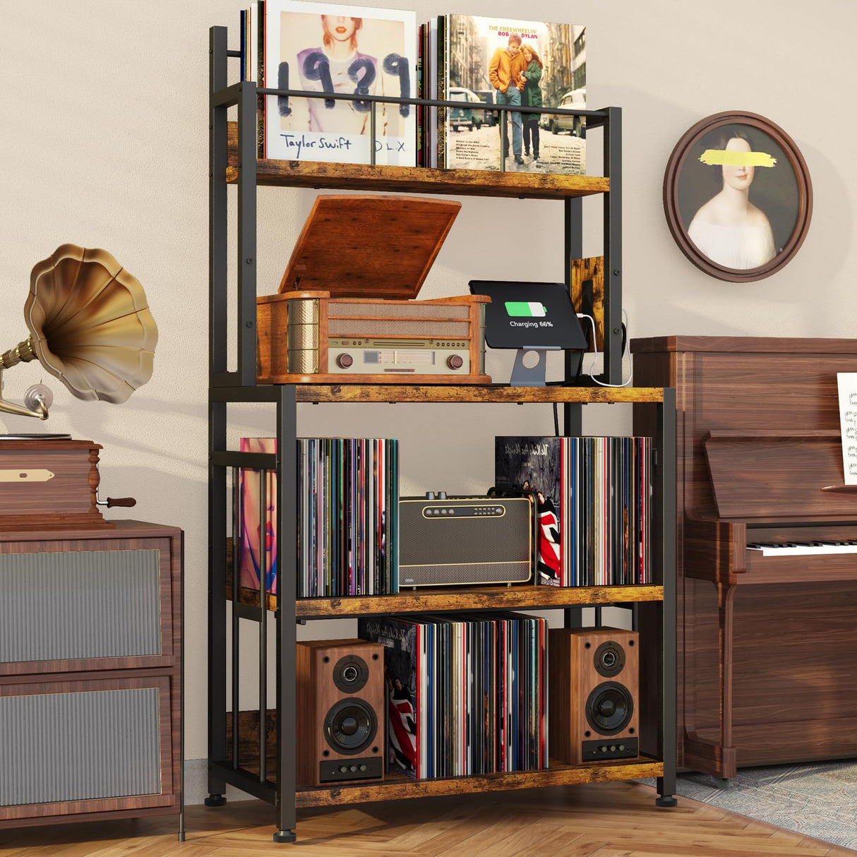 EasyCom Record Player Stand with Vinyl Storage, Turntable Stand Holds Up to 300 Albums, Large Record Player Table with Charge Station, Vinyl Record Stand for Living Room Bedroom EasyCom