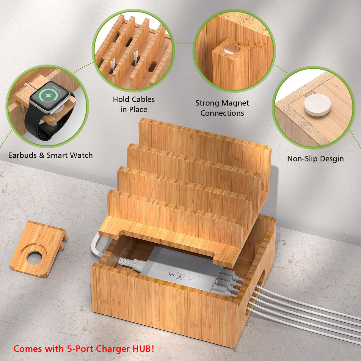 Pezin & Hulin Bamboo Charging Stations, Cell Phone Organizer for Multiple Devices, Tablets, Smart Watch, Included 5 Port USB Charger, Pack 5 Cables Pezin & Hulin