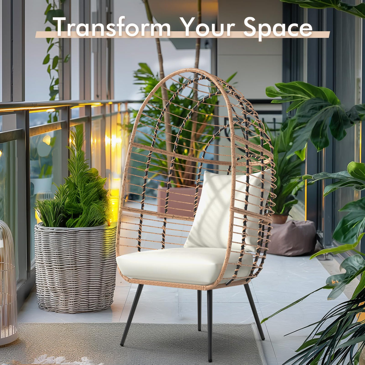 JOIVI Wicker Egg Chair, Oversized Indoor Outdoor Lounger Large Egg Basket Chair with Stand and Cushions for Patio Porch, Backyard, Living Room, Balcony (Beige Rattan, Creamy White Cushion) JOIVI