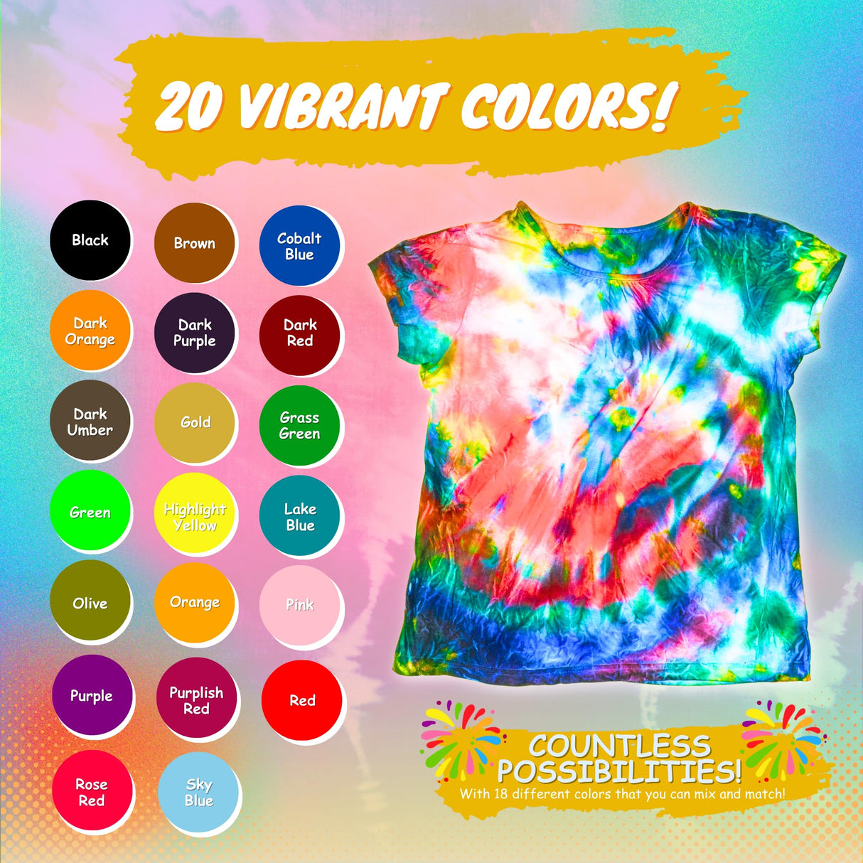 Tie Dye Kit for Kids & Adults - Complete DIY Tie Dye Set w/Tie Dye Powder in Tie Dye Refill Packets -Fun Kids Tie Dye Kit w/Nozzle Spray Tie Dye Kit for Fabric - Dye for Clothing (Pack of 20, 60 ml) Goodscious
