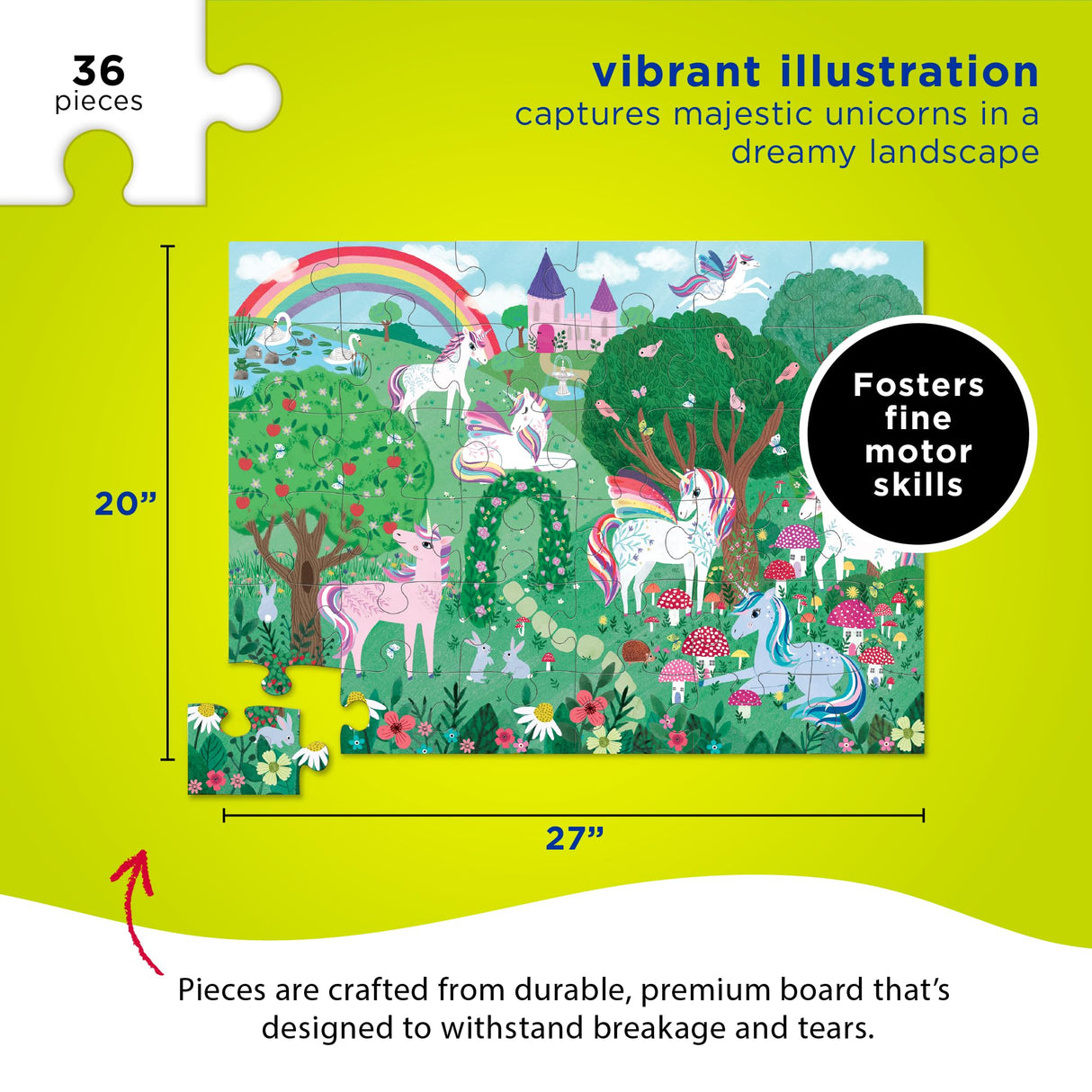 Crocodile Creek 36-Piece Jigsaw Floor Puzzle - Fun Floor Puzzles for Kids Ages 3-5 - Heavy-Duty Shaped Box for Storage - Unicorn Dreams - 27" W x 20" H Finished Crocodile Creek