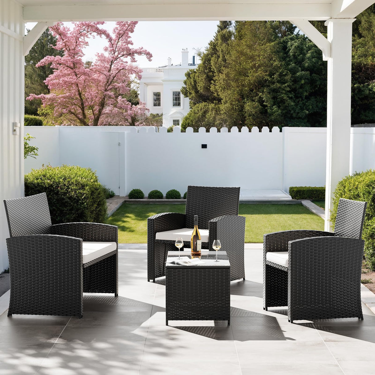 Amopatio Outdoor Furniture Set,4 Pieces Black Rattan Wicker Conversation Sets Sectional Sofa with White Cushions Amopatio
