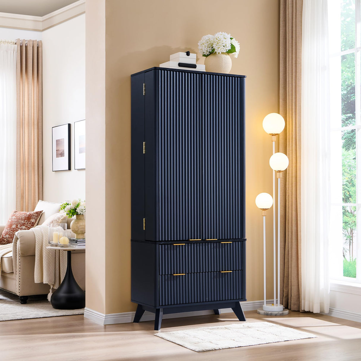 OKD 72" Pantry Cabinet, Fluted Modern Kitchen Hutch, Tall Storage Cabinet with 10 Door Shelves & 2 Drawers, Wood Cupboard for Kitchen & Living Room, Dark Grey OKD