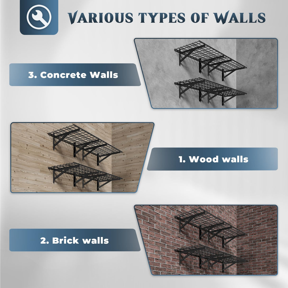 Jusgym 4 Pack Heavy Duty Garage Wall Shelving Set (2x3ft), Wall Mounted Garage Shelves 1000lbs Capacity, 24"x72" Shelf Storage Rack Floating Shelves, Black Jusgym