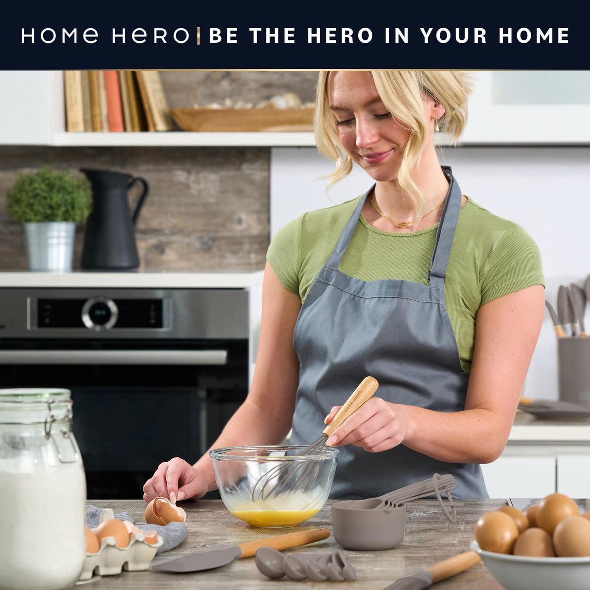 Home Hero 33 Pcs Kitchen Cooking Utensils Set, Non-Stick Silicone Cooking Kitchen Utensils Spatula Set with Holder, Wooden Handle Silicone Kitchen Gadgets Utensil Set (33 Pcs - Khaki) Home Hero