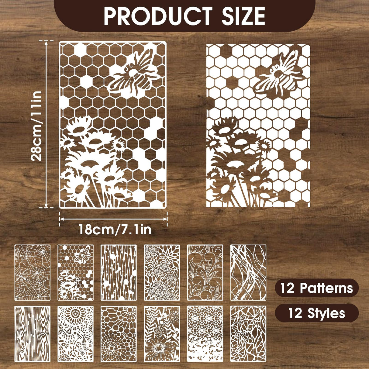 12Pcs Mixed Stencils for Painting, Art Stencils for Crafts Reusable, Wood Grains Flower Texture Templates Spider Web Layering Spray Paint Stencils Kit on Wall Canvas Cake Card DIY (11×7'') LLOUSSAK
