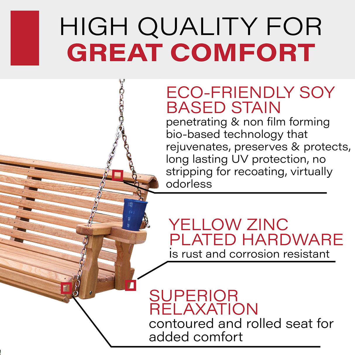 Amish Casual 4 Foot Roll Back Porch Swing with Cup Holders in Cedar Stain - Amish Made in The USA from Treated Pine, Heavy Duty 700 Lb Weight Capacity Amish Casual