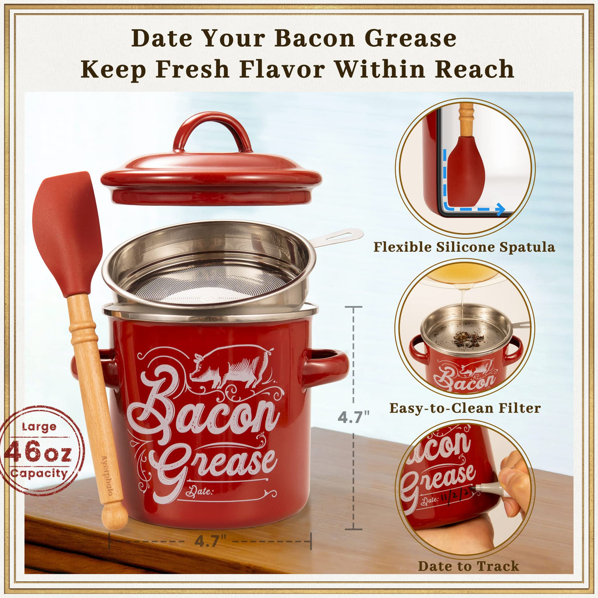 Ayerphalo Bacon Grease Container with Strainer - 46OZ Large Capacity, With Silicone Wooden Spatula, Enamel Bacon Grease Keeper for Bacon Drippings, Farmhouse Red Kitchen Decor, Dishwasher Safe Ayerphalo