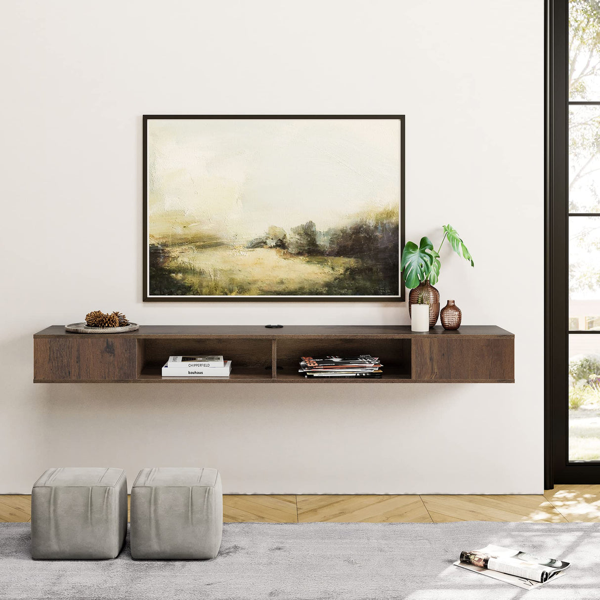 WAMPAT TV Stand with LED Lights for 65/70/75 inch TVs, Wall Mounted Shelf Under TV Cabinet, Entertainment Center Media Console with Storage for Living Room and Bedroom, Brown WAMPAT