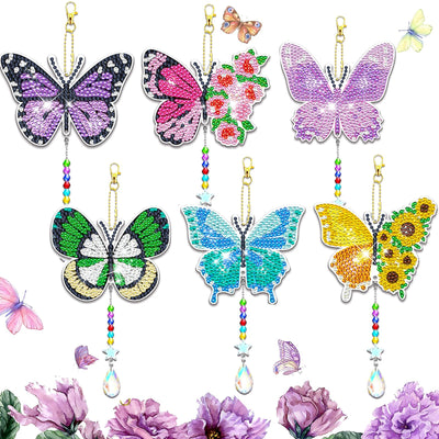 JeCuiK 6 Pcs Butterfly Diamonds Paintings Kits Suncatcher Double Sided Rhinestone Painting Wind Chimes 5D DIY Diamond Painting Kits Paint by Number Crystal Hanging Ornaments Mom Gifts
