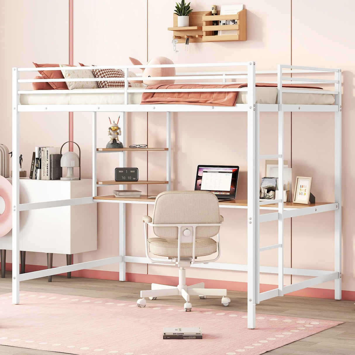 Harper & Bright Designs Metal Full Size Loft Bed Frame, Loft Bed Full with Desk and Shelves, Space Saving Metal Loft Bed with Desk Underneath for Kids,Teens (Full,White) Harper & Bright Designs