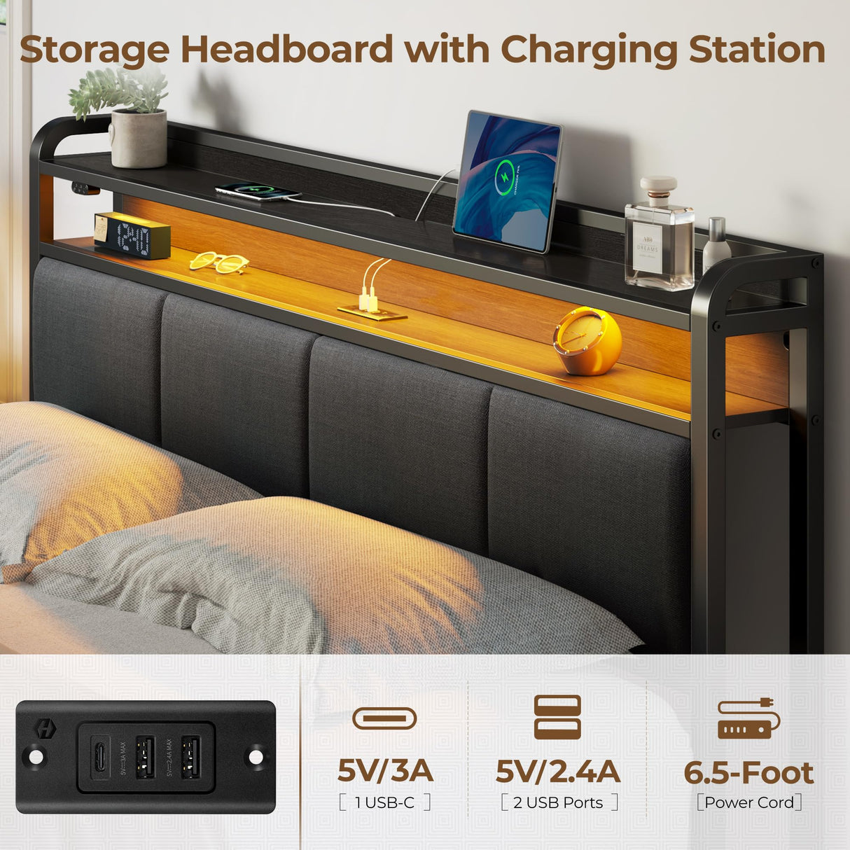 Rolanstar Bed Frame Full Size with Charging Station and LED Lights, Upholstered Storage Headboard with Drawers, Heavy Duty Metal Slats, No Box Spring Needed, Noise Free, Easy Assembly, Dark Grey Rolanstar