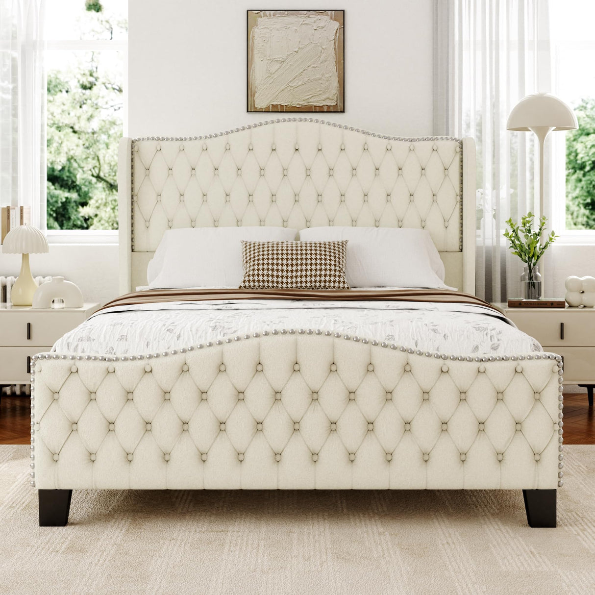 King Bed Frame with 51" Tall Headboard, Velvet Upholstered Platform Bed with Deep Button Tufted, Footboard & Nailhead Trim Wingback, No Box Spring Needed, Noise Free-Beige Konprosp