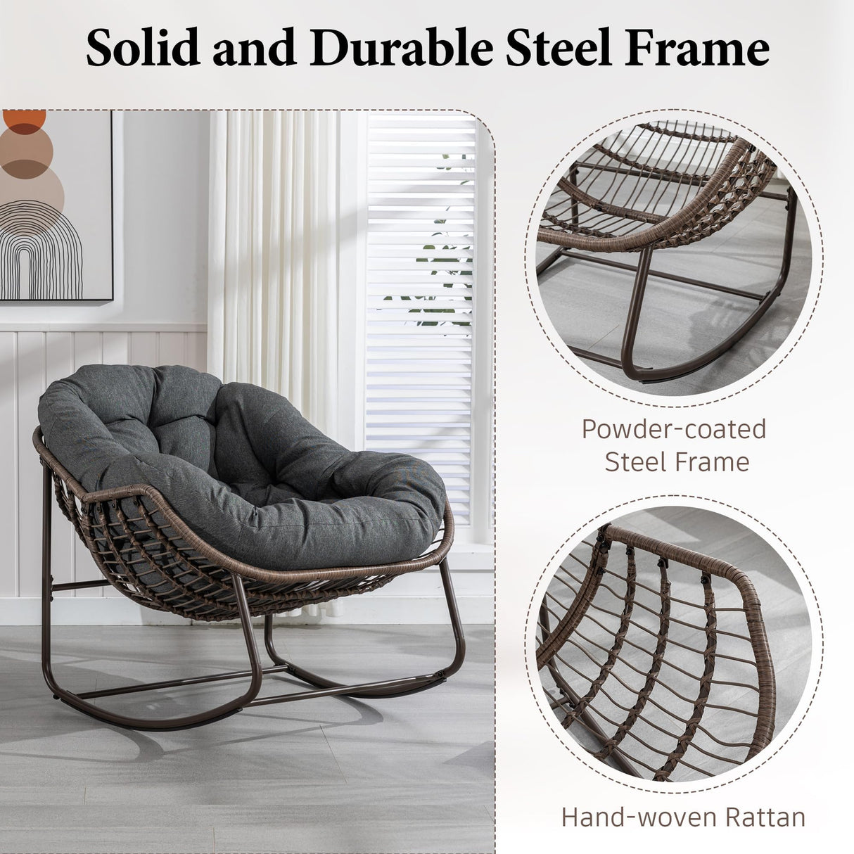 Outdoor Patio Rocking Chair, Oversized Papasan Chair with Cushion and Frame, Comfy Rattan Wicker Egg Chairs Indoor, Modern Lounge Rocker for Front Porch Living Room Bedroom (Dark Grey, Set of 1) SLEERWAY