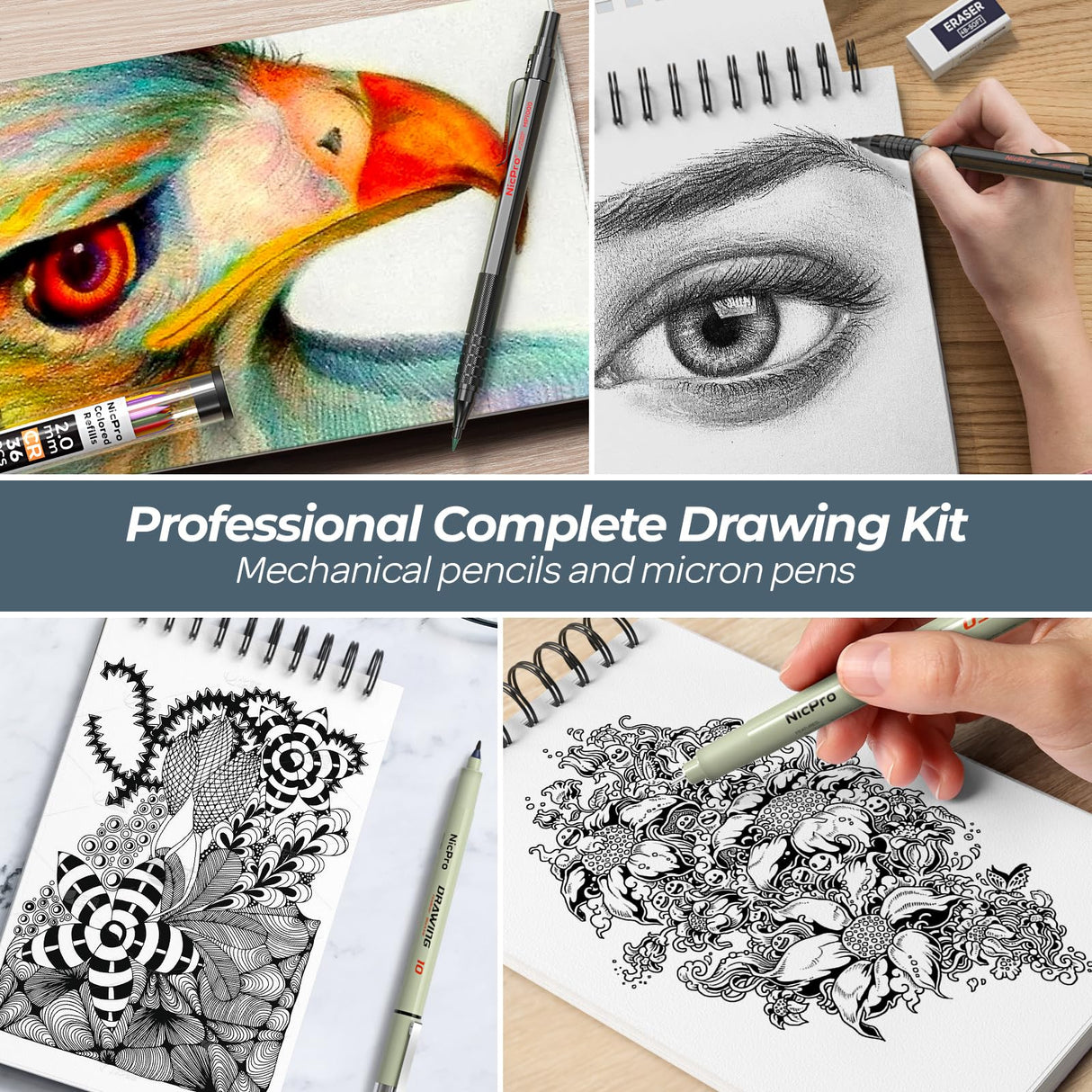 Nicpro 58PCS Art Drawing Supplies Kit in Leather Case, MP1000 Black Metal Mechanical Pencil Set with Drafting Pencil 0.5, 0.7, 0.9 & 2mm, 12 Micron Pen, Sketch Book, 30 Tube Lead Refills for Sketching Nicpro