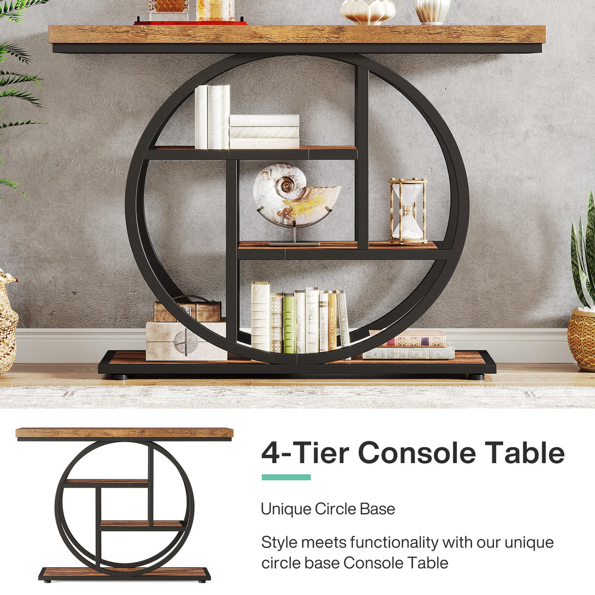 Tribesigns 41.3" Console Table, Industrial 4-Tier Sofa Table Entryway Table with Circle Base, Narrow Wood Accent Tables with Storage Shelves for Living Room, Hallway, Foyer, Rustic Brown Tribesigns