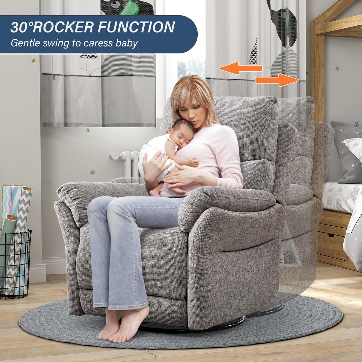 ANJ Swivel Rocker Recliner Chair, Manual Fabric Glider Nursery Recliner Chair, Single Rocking Modern Sofa Home Theater Seating for Living Room, Nursery (Silver) ANJ