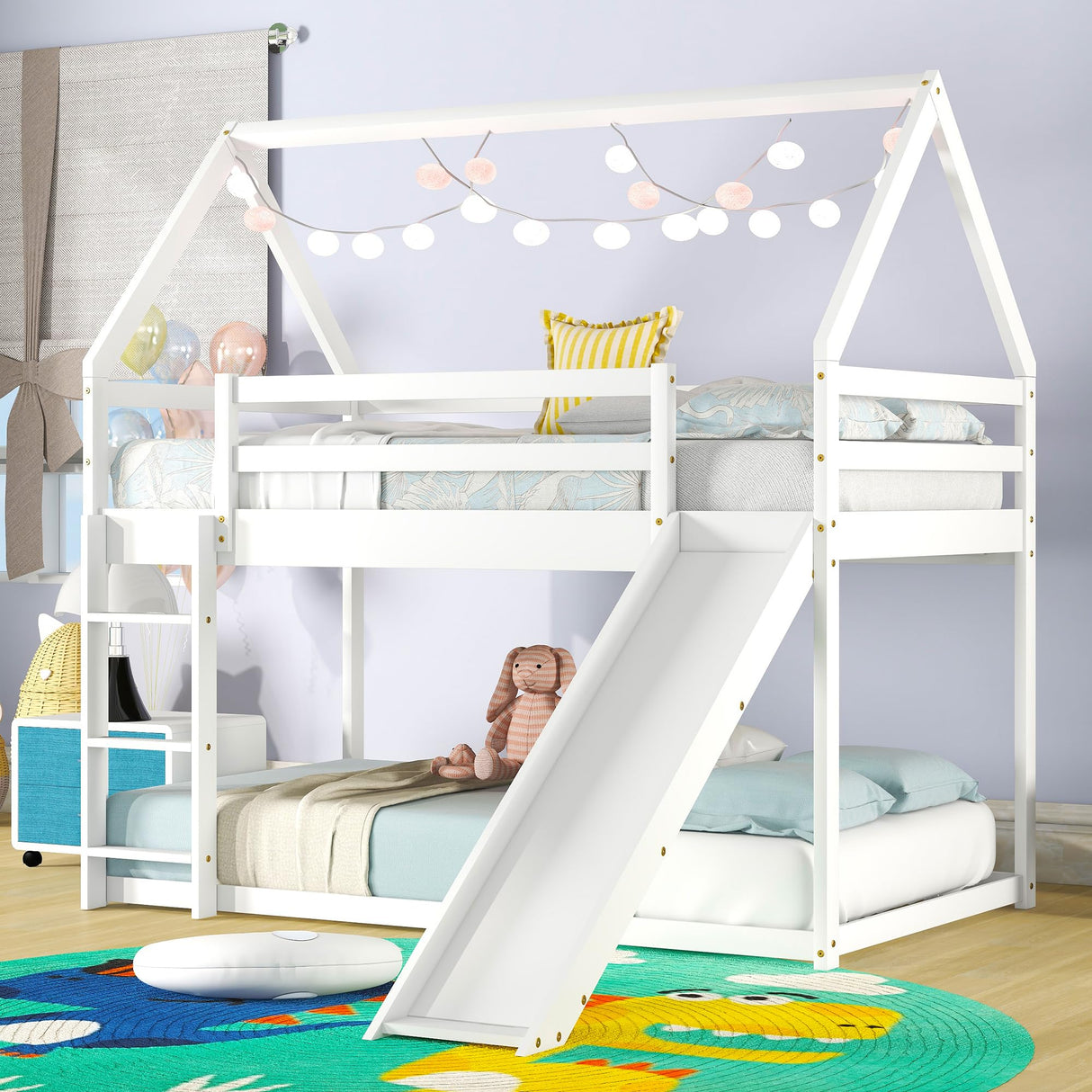 Bellemave Twin Over Twin House Bunk Bed with Slide,Floor Bunk Beds with Ladder for Kids,Solid Wood Twin Size Low Bunk Bed for Girls Boys Bellemave