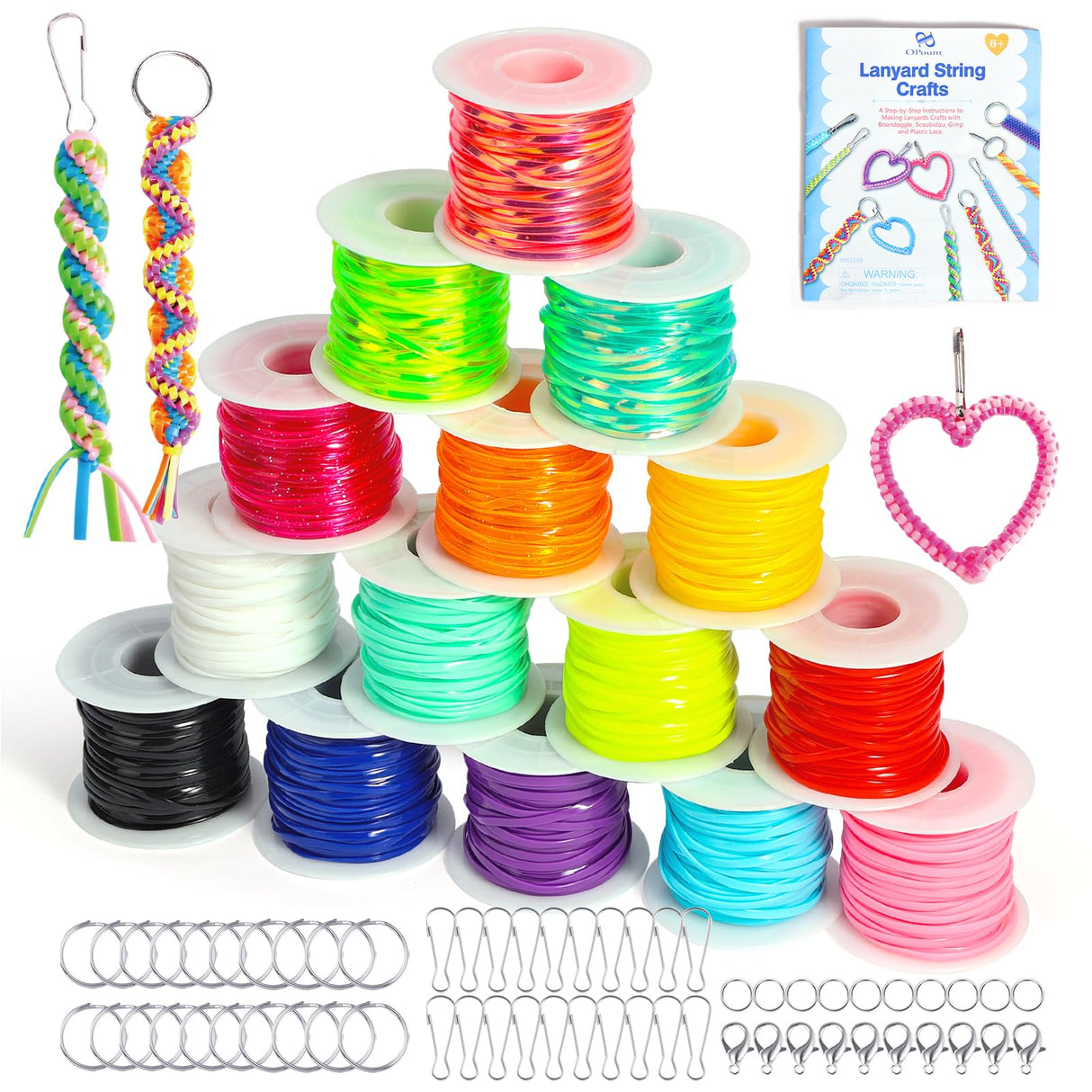 PP OPOUNT Solid/Laser/Glitter Plastic Lanyard String Kit, 15 Rolls Boondoggle String with 60 Keychain Accessories and Instructions, Gimp String for DIY Bracelets, Lanyard (886 Feet) PP OPOUNT