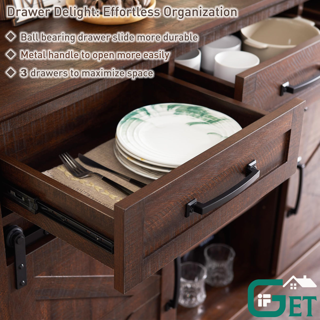 IFGET Farmhouse Buffet Cabinet, 53” Sideboard Cabinet w/3 Drawer, Rustic Storage Cabinet w/Sliding Barn Door, Coffee Bar Cabinet for Dinning Room, Kitchen, Hallway, and Living Room, Brown IFGET