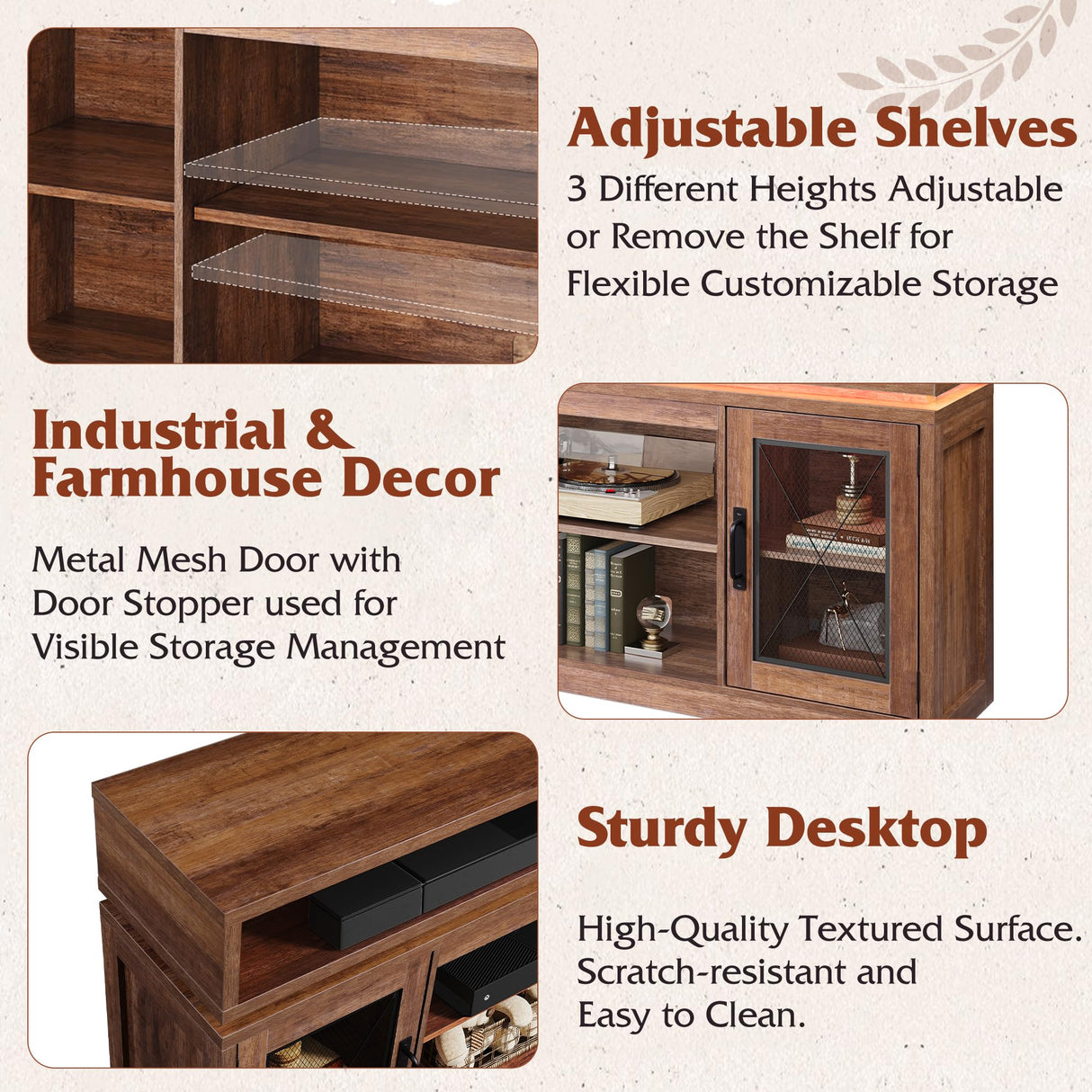 WLIVE TV Stand up to 65 Inch TV, 58" Entertainment Center with LED Lights, Farmhouse TV Media Console with Storage Cabinets, Adjustable Shelves for Living Room, Rustic Brown WLIVE