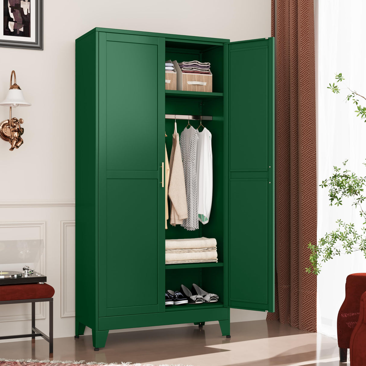GAIOUS Metal Wardrobe Cabinet with Hanging Rod, 71" Metal Clothing Storage Cabinets with 2 Doors and Adjustable Shelves, Green Armoire Wardrobe Closet for Bedroom, Laundry Room, Cloak Room GAIOUS
