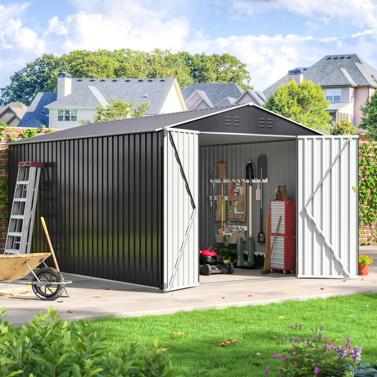 Polar Aurora 8 x 12 FT Outdoor Storage Shed, Metal Garden Shed with with Updated Frame Structure, Tool Sheds for Backyard Garden Patio Lawn Black Polar Aurora
