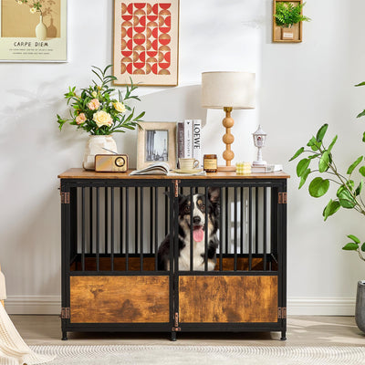 KOOPRO 43.7" Inch Dog Crate Furniture with Cushion for Large Dogs, Wooden Heavy Duty Dog Kennel with Double Doors Indoor, Decorative Pet House Dog Cage Side End Table, Rustic Brown