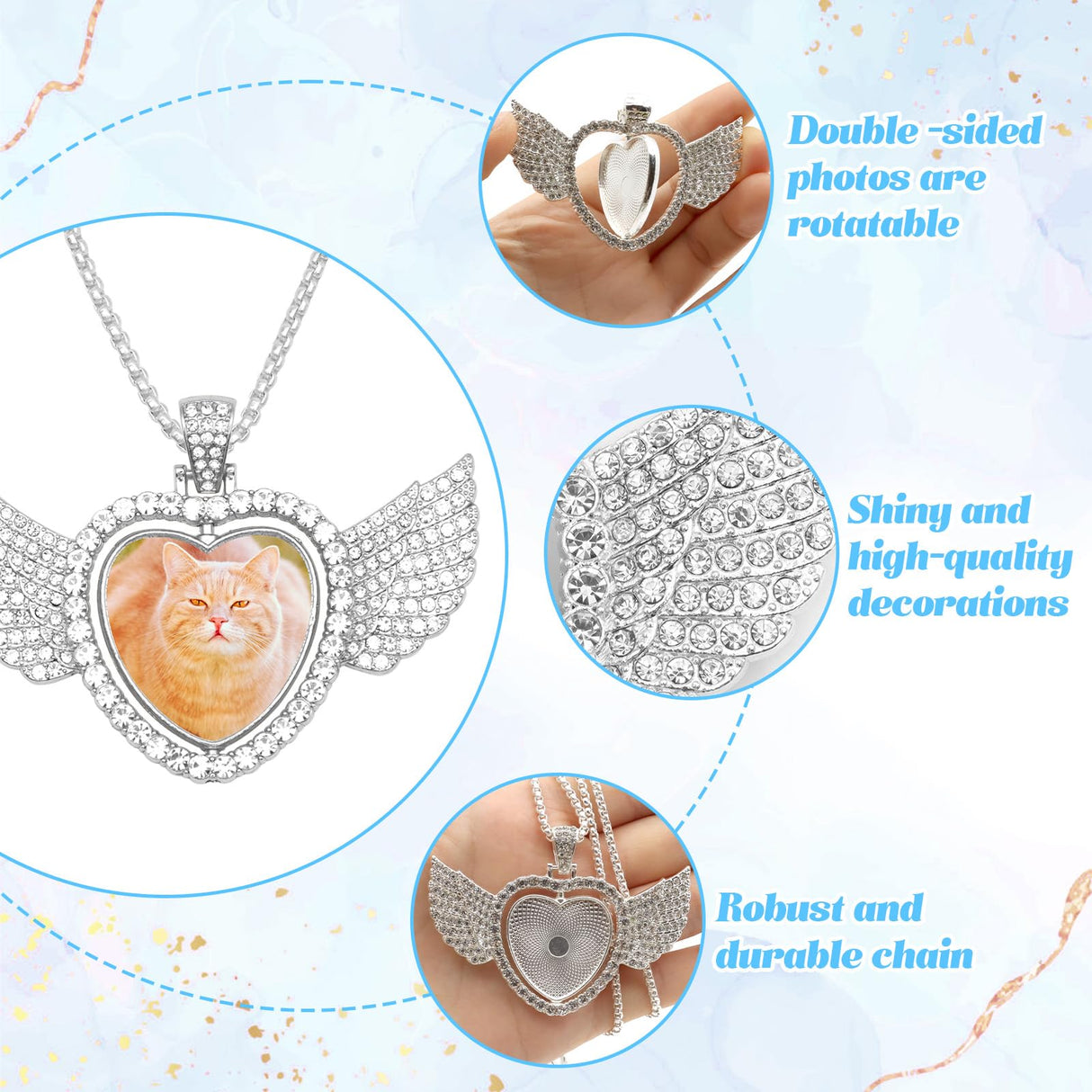 ZYNERY 48 Pcs Sublimation Rhinestone Trays Pendant Set, Sublimation Necklace Blank with Chain, Includes 8 Double Sided Blank Rhinestone Bezel Trays, 8 Chains, 16 Sublimation Discs, 16 Tapes (Wings) ZYNERY