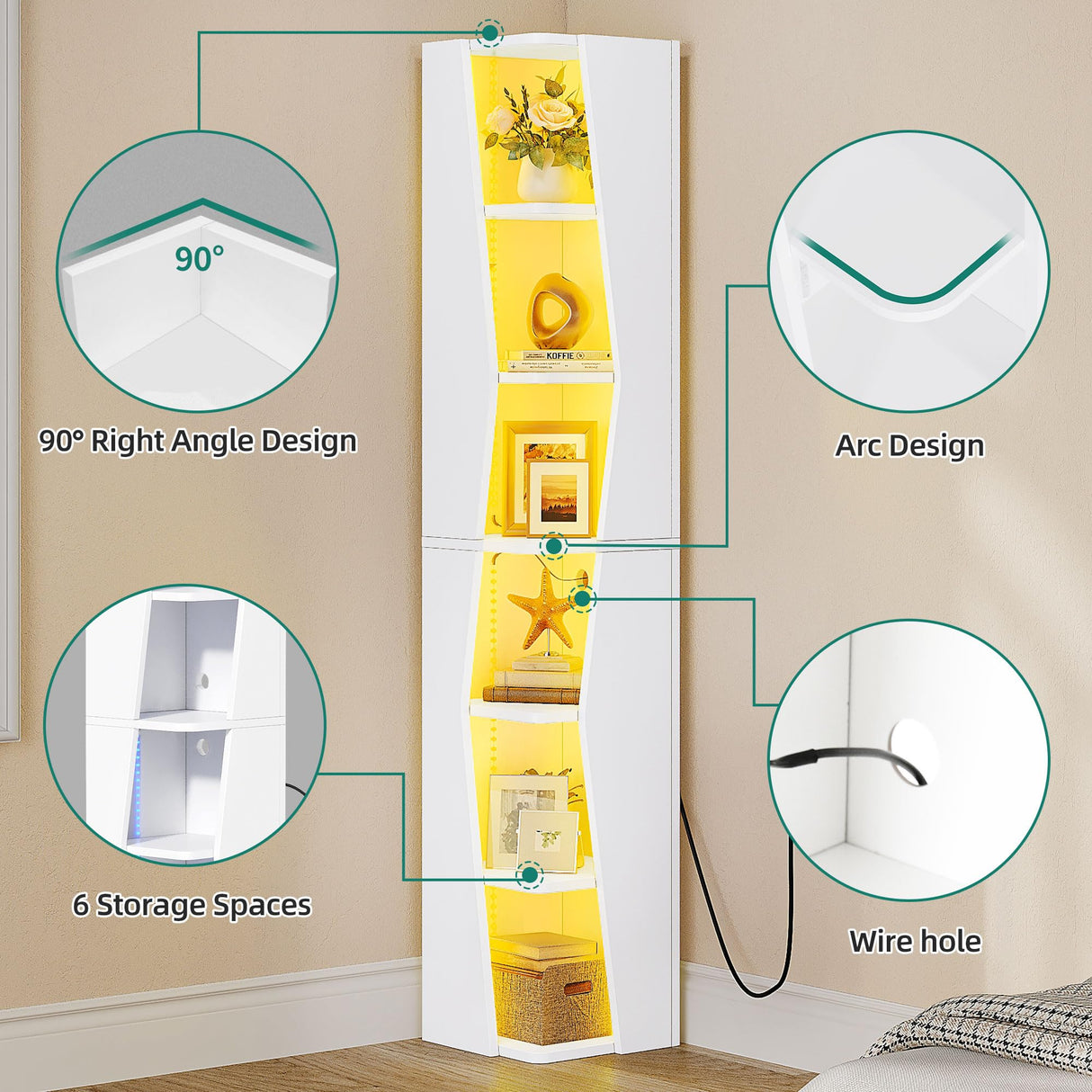 YITAHOME 71.45" Bookcase, 6 Shelves Corner Bookshelf with LED Light Modern, Tall Narrow Display Shelves, Wooden Free Standing Shelf, with Storage Organizer for Bedroom, Living Room, Home Office, White YITAHOME