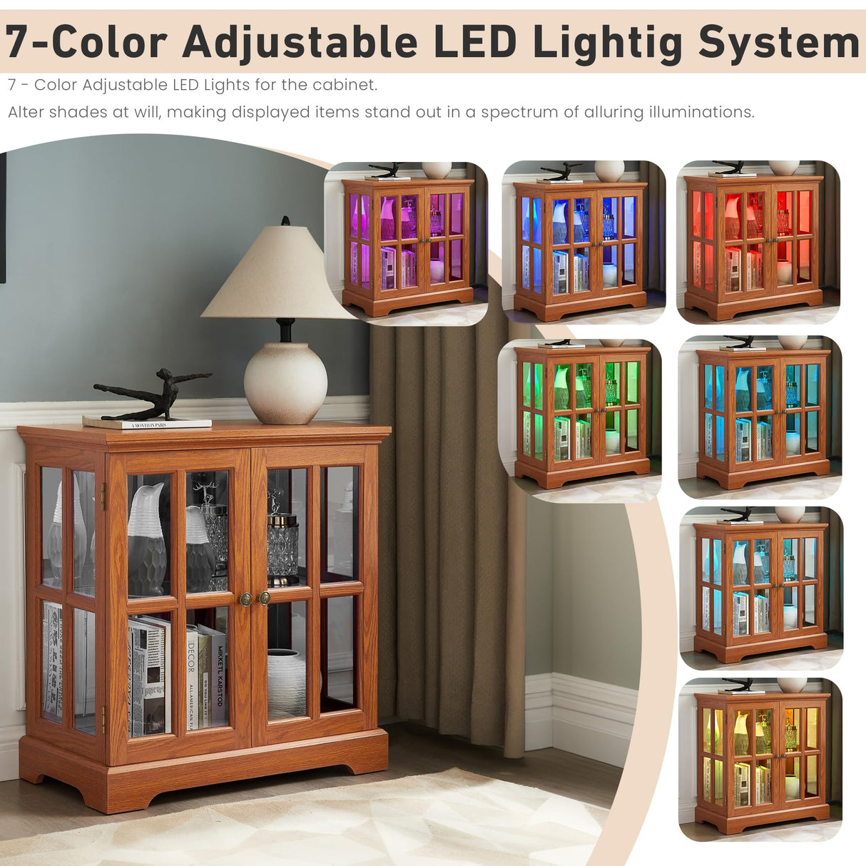 CKEASEAN 32" H LED Accent Curio Cabinet with 7 Color Lights for Collectibles, Modern Storage Cabinet with Tempered Glass Doors, Sideboard Buffet Case with Smartphone-Controlled Lights (Dark Oak) CKEASEAN